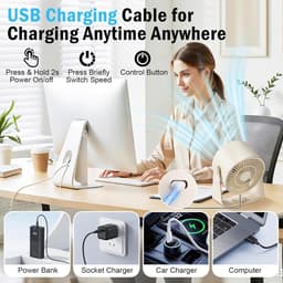 Tafelventilator, 3-in-1 USB-ventilator, stille tafelventilator, mini-ventilator, 5 snelheden, campingtafelventilator met accu, 360 graden instelbaar, voor keuken, slaapkamer, camping, kantoor, outdoor — thumbnail 4