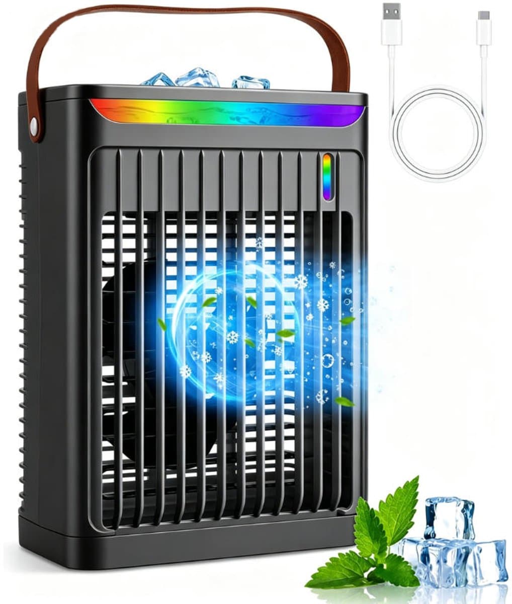 Luchtkoeler - Draagbare airconditioner - Met handvat Persoonlijke Koeler - Watertank van 680 ml - Met 5 ventilatorsnelheden en 2 nevelstanden en 7 kleuren Sfeerverlichting - Met 2/4/6 uur timer - Voor slaapkamer en kantoor - Zwart — afbeelding 1