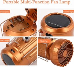 Campinglantaarn met ventilator, opvouwbare zaklamp/lantaarn, USB-oplaadbaar, werkt op zonne-energie en batterijen, campinglamp voor picknick, barbecue, vissen, reizen, oplaadbare noodverlichting (goud) — thumbnail 3