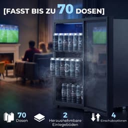 TEKROA® Vrijstaande Drankenkoelkast 70L met Glazen Deur - Mini Koelkast voor 70 Blikjes / Bier & Wijn - LED Verlichting & Verstelbare Planken - Zwart — thumbnail 3