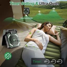 Ventilator met zonnepaneel, 10400 mAh, oplaadbare campingventilator, werkt op batterijen, draagbaar, met ledlampen, 4 snelheden, stille tafelventilator voor op reis — thumbnail 5