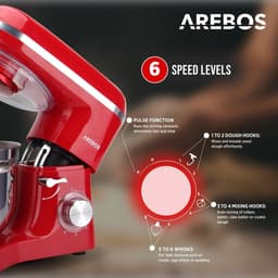 AREBOS Keukenmachine - 1500W - Keukenrobot - 6L - Keukenmixer - Foodprocessor - Roestvrij Stalen Mengkom - 6 Snelheden - Rood — thumbnail 4