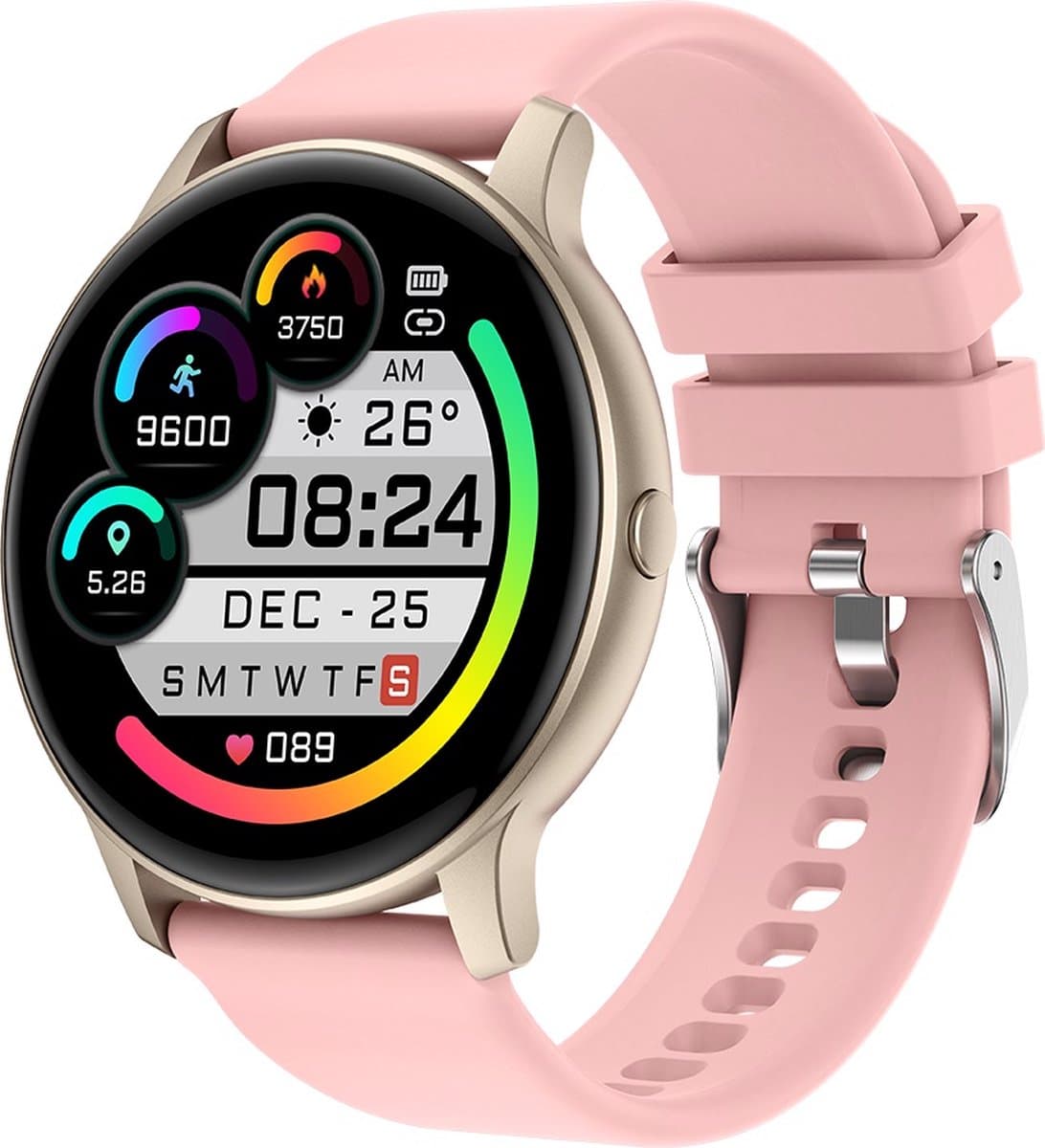Belesy® SUAVE - Smartwatch Heren – Smartwatch Dames - Horloge – Stappenteller – Calorieën - Hartslag – Sporten - Je eigen foto als wijzerplaat - Kleurenscherm - Full Touch - Bluetooth Bellen – Goud – Silicone – Roze - Moederdag — afbeelding 1