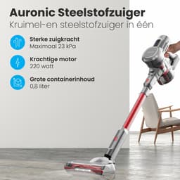 Auronic Steelstofzuiger Draadloos 220W - Draadloze Stofzuiger - HEPA Filter - Zelfstaand - Op Accu - Zonder Zak - Kruimeldief - Vacuum Cleaner - Grijs/Rood — thumbnail 2
