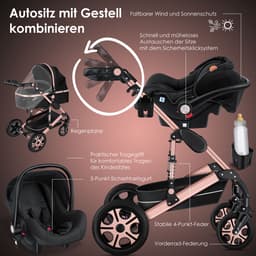 KESSER® Kinderwagen 3 in 1 Loops Wandelwagen Set incl. Autostoel & Reiswieg & Buggy Sportzitje - Massieve Rubberbanden - Luiertas / Regenhoes - Zwart / Roségoud — thumbnail 3