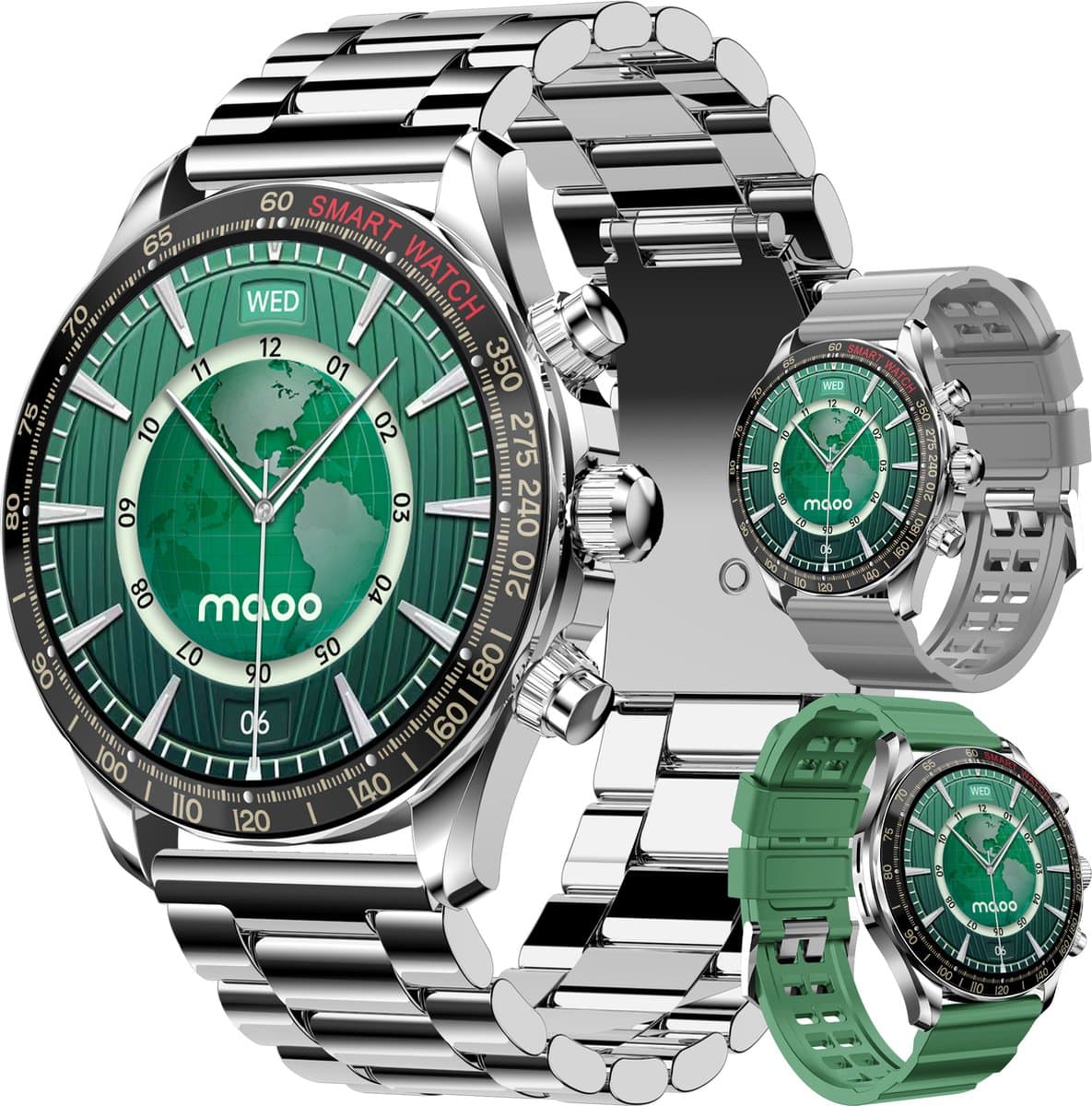 Maoo Titan AMOLED Smartwatch Heren - Stainless Steel en 2 TPU bandjes - Stappenteller - Hartslagmeter - Slaapmonitor - Multisport - Geschikt voor Android en iOS - Zilver — afbeelding 1
