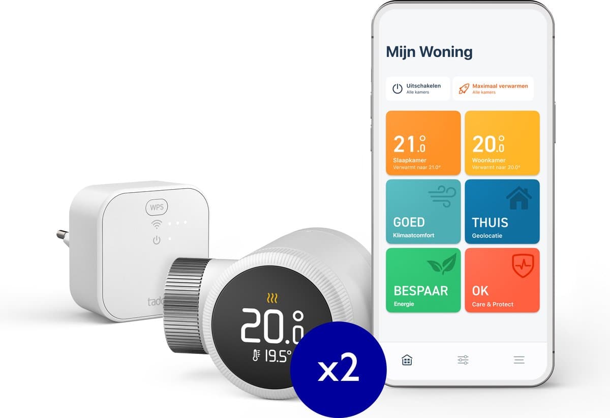 tado° Slimme Radiatorknop X Bundel - Starterskit - Slimme Thermostaatknop - incl. Matter Bridge - 2 Radiatorknoppen - werkt met Google Home, Alexa & Apple Homekit - Zwart/Wit — afbeelding 1