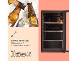 Klarstein Drankkoeler XXL minikoelkast met glazen deur en ledverlichting, minikoelkast voor op de kamer, kleine met 3 schappen, kleine koelkast van 80 liter, koelkast voor binnen en buiten, stil en weerbestendig, 3-10 °C - Drankkoelkast - Touch