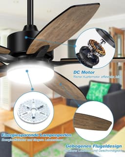5 Blad Plafondventilator | 6 Standen | Dubbelzijdige Vleugels In Zwart & Bruin | Met Afstandsbediening | Kroonluchter Ventilator | 107 cm | Dimbaar | Woonkamerlamp | Moderne lamp — thumbnail 2