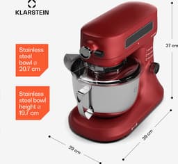 Klarstein Keukenmachine Chiara 1600W – 5L rvs-kom, 12 Geschwindigkeiten, LCD Touch Display, ≤72 dB, vaatwasmachinebestendig Patisserie Set, Aluminium gegoten behuizing, rood - Keukenmachine - 12 Snelheden - voor Keuken - LED RVS-Kom Garde — thumbnail 2