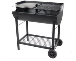 Grote houtskoolbarbecue ELITE met wielen en zijtafel – Dubbel grillrooster – Zwart staal – 102x55xH95 cm – 8-10 personen
