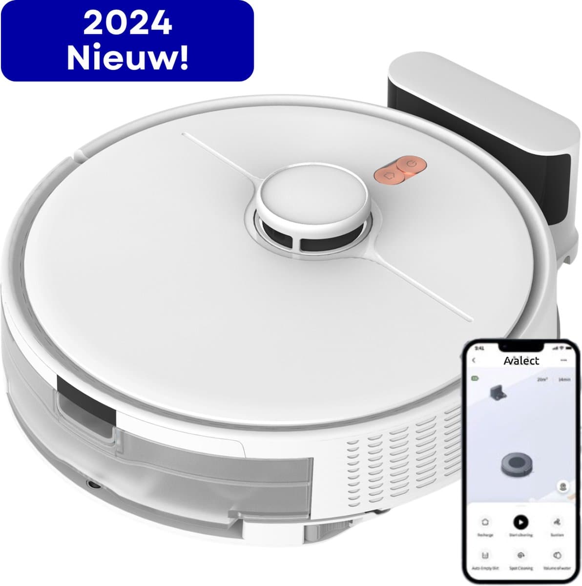 Avalect CleanSmart - Robotstofzuiger met dweilfunctie - Met laadstation - dweilrobot - Ideaal voor huisdieren - Lidar Laser - val & object detectie - Vloerdetectie - Met App - Wit — afbeelding 1