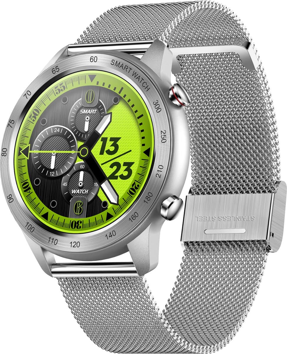 Belesy® MALIBU – Smartwatch Heren – Smartwatch Dames – Horloge – 1.3" Touchscreen – Stappenteller – Calorieteller – Hartslagmeter – Bloeddrukmeter – Zuurstofgehalte – Multi Sporten – Wijzerplaat Personaliseren – Slaapmonitor – Zilver Staal — afbeelding 1