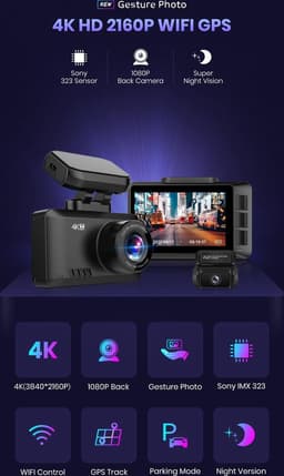 TechU™ 4K Dashcam set MO2 Pro - Dashboardcamera - Wifi - GPS - Voor en Achter - Super Night Vision - Dual Recording - Autocamera - Loop recording - Bewegingssensor - G-sensor - voor auto — thumbnail 4