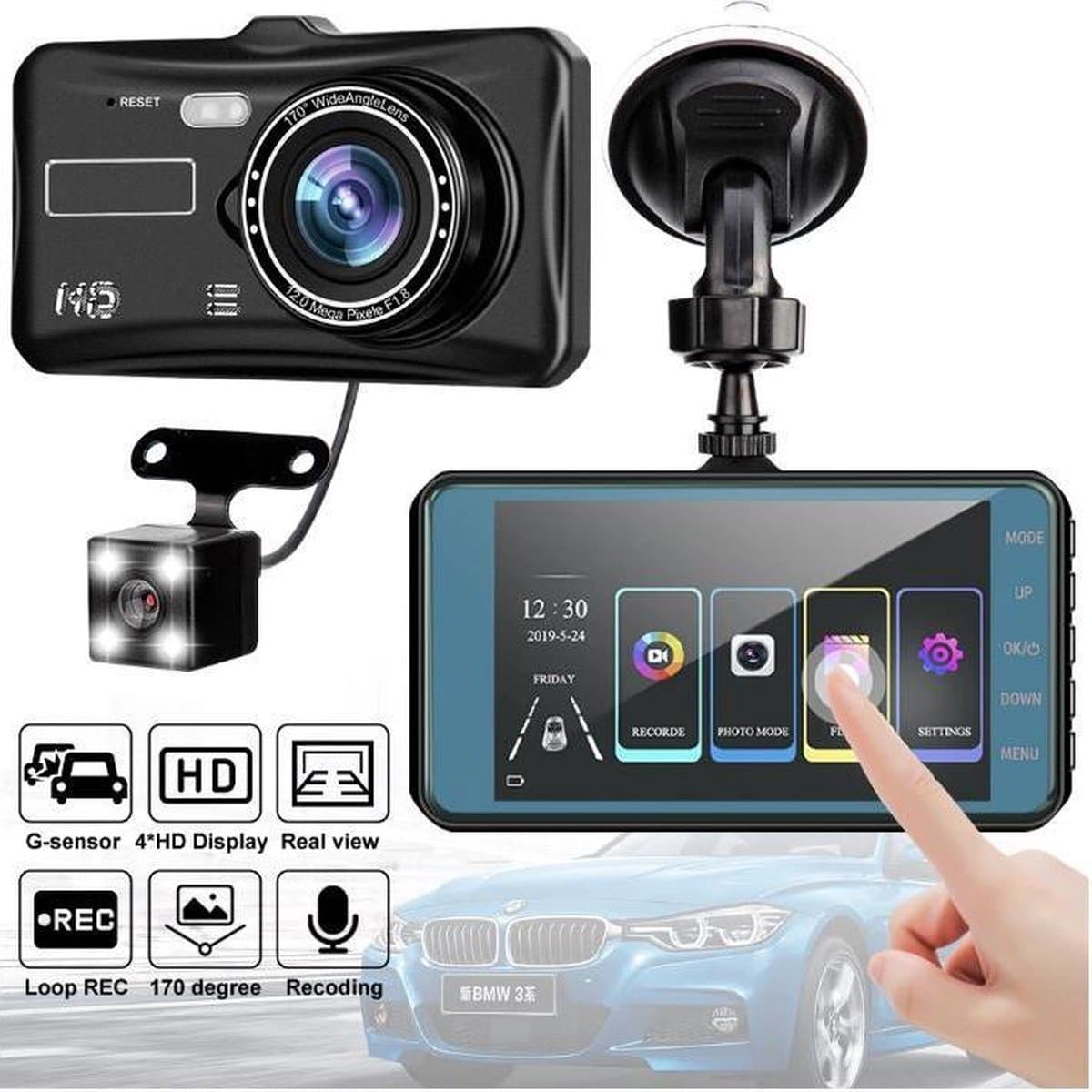 DrPhone DC6 Auto Dashcam Voor en Achter - Video Recorder FHD 1080p- 4 Inch Touchscreen - Loop Opname - G-sensor - Super groothoek – Bewegingsdetectie — afbeelding 1