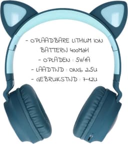 Kinder hoofdtelefoon - koptelefoon kinderen Bluetooth met led kattenoortjes blauw — thumbnail 2