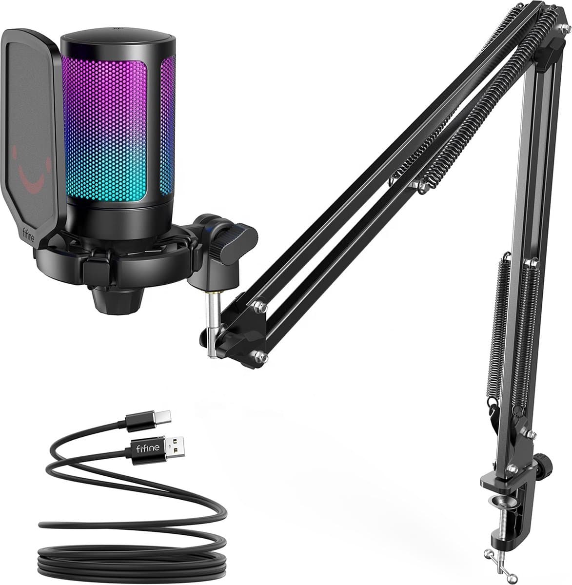 FIFINE A6T - USB Gaming Microfoon - PC-Gaming Met Arm ( 66cm! ) - Geschikt voor PC/PS4/PS5 - RGB - Podcast - Gaming - Streaming - Zwart — afbeelding 1