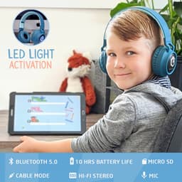 PowerLocus Buddy Draadloze On-Ear Koptelefoon voor Kinderen, LED lampjes, 85db Limiet, met Microfoon, Micro SD poort - Blauw — thumbnail 5