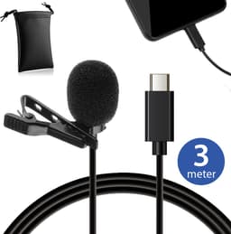 MOJOGEAR Speldmicrofoon met USB-C-aansluiting - 3 meter kabel - Dasspeld microfoon voor Android Smartphones, iPhone 15, iPhone 16, USB C Tablets - Zwart — thumbnail 1