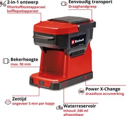Einhell Accu Koffiezetapparaat TE-CF 18 Li Solo - Power X-Change - 18 V/Li-ion - Inhoud waterreservoir: 240 ml - 2-in-1: filterkoffie en koffiepadmachine - Geleverd inclusief 1x RVS koffiemok (240 ml) - Excl. accu en lader — thumbnail 2