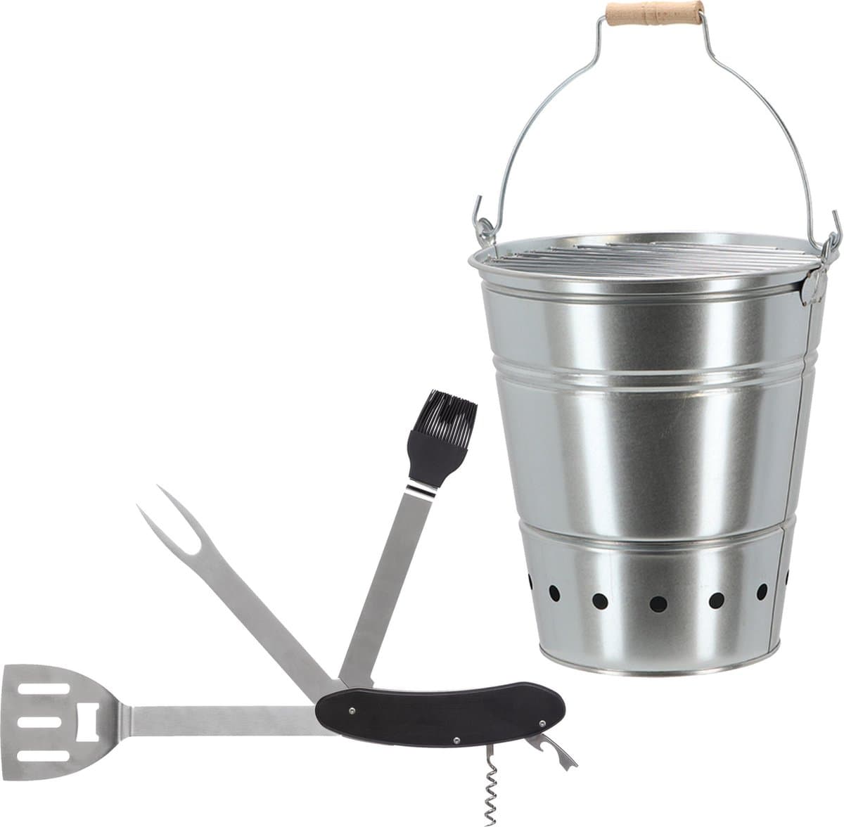 Barbecue set - houtskool BBQ emmer en een 5-in-1 Zwitsers BBQ zakmes - handig mee te nemen — afbeelding 1