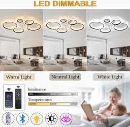 LuxiLamps - 5 Ringen Plafondventilator - Wit - 6 Snelheden - Dimbaar Met Afstandsbediening en APP - Moderne Cirkel Ventilator Licht — thumbnail 2