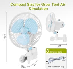 Oscillerende clip-on ventilator voor mastmontage 250 cm lange kabel - 20 W 2 snelheden - super stil met EU-stekker - small growth Monkey fan hydroponics — thumbnail 5