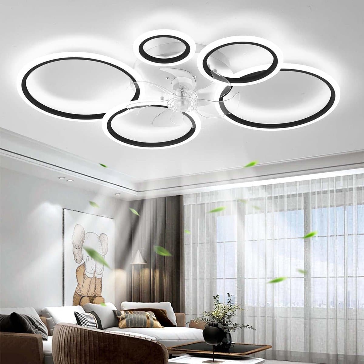 5 Ring Ventilator | Moderne Ringen LED Ventilator | Smart Lamp | 70 cm | Zwart | Bedienbaar Met Afstandsbediening & APP | Kroonluchter | Moderne Ventilator Licht — afbeelding 1