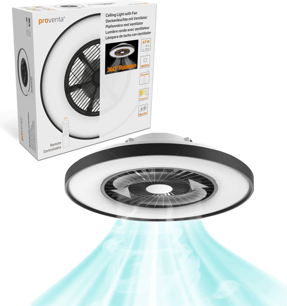 Proventa 3D Air Plafondventilator met verlichting 60 cm - Verspreidt lucht over hele kamer - Plafondlampen met Ventilator & Lamp - Met afstandsbediening — afbeelding 1