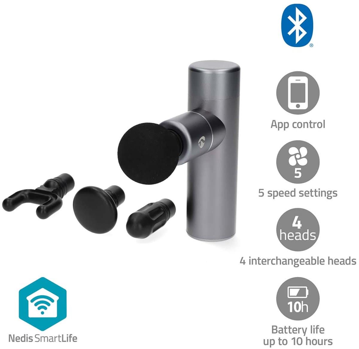 Nedis SmartLife Massage Gun – Draadloos – Mini Massage Pistool – 4 Opzetstukken – Spierherstel & Ontspanning – Oplaadbaar – Met Draag Tasje – Donkergrijs — afbeelding 1