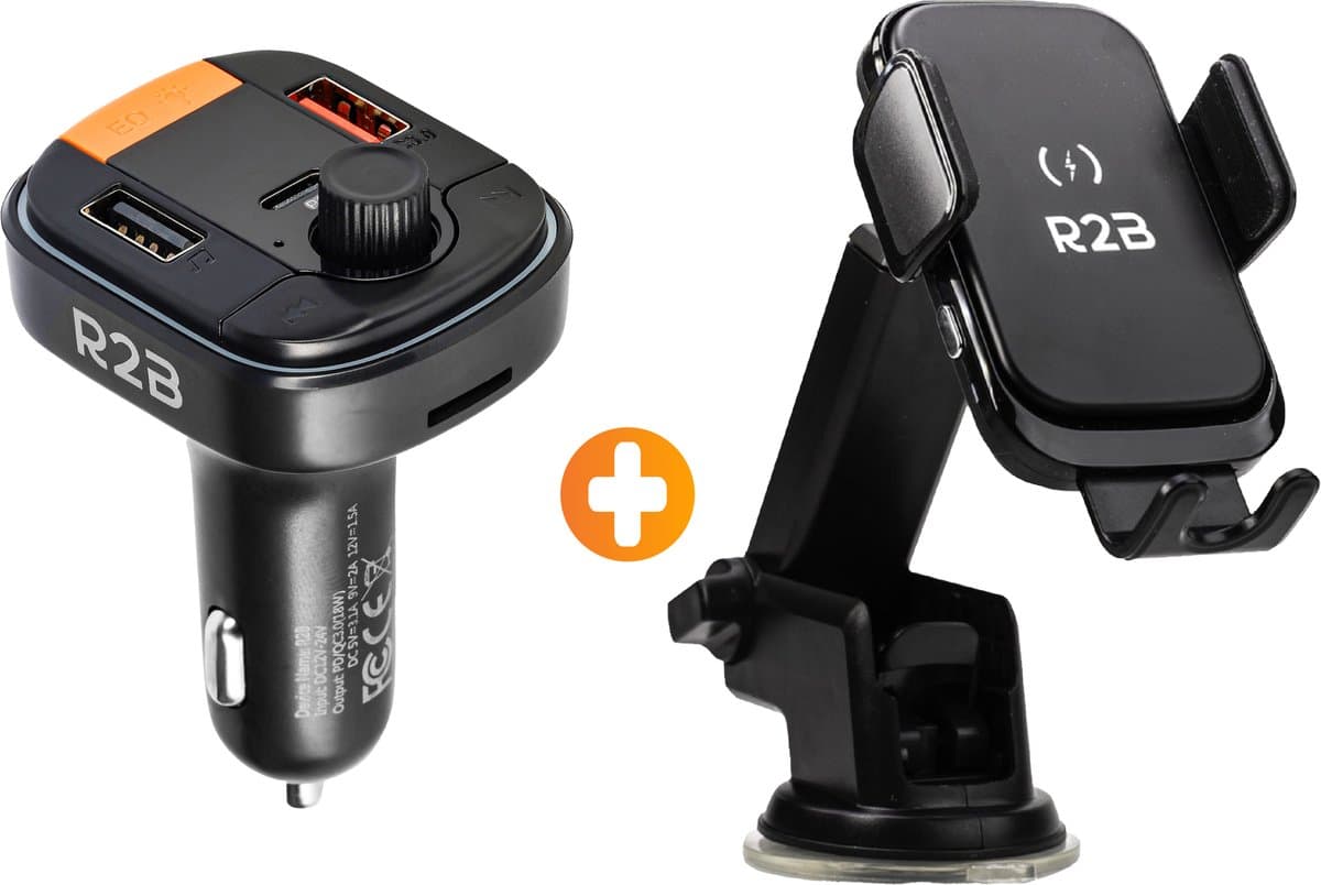 R2B Telefoonhouders Auto Zuignap met Draadloze Oplader + Bluetooth Transmitter Auto - Raam/Dashboard/Ventilatie - Gsm Houder Auto - FM Transmitter - Autolader - Auto Accessoires — afbeelding 1