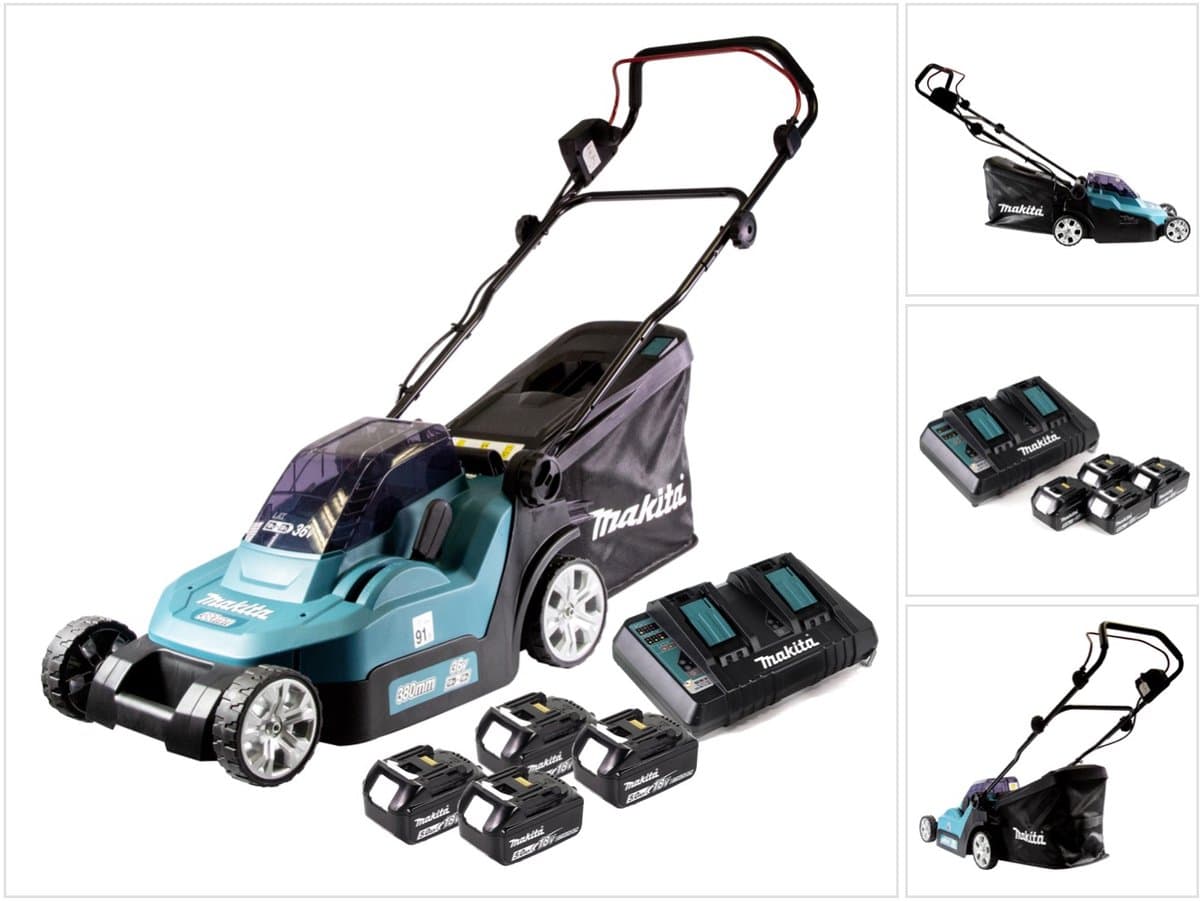 Makita DLM 382 PT4 accugrasmaaier 36 V ( 2x 18 V ) 38 cm 40 l + 4x accu 5.0 Ah + dubbele lader — afbeelding 1