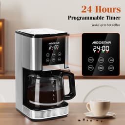 Aigostar Cora - Koffiezetapparaat - 1,5 liter - 12 kopjes - Display met timer - Filterkoffie - met Glazen Kan - 1000W - RVS/Zwart — thumbnail 2