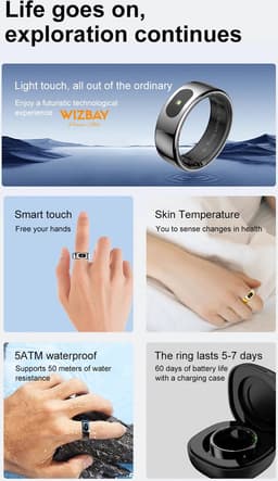 WizBay Premium Select® Smart Ring Dark Grey - Maat 12 - Smart Ring met Hartslag, Slaap, Zuurstof - Multi Sport Modi — thumbnail 5
