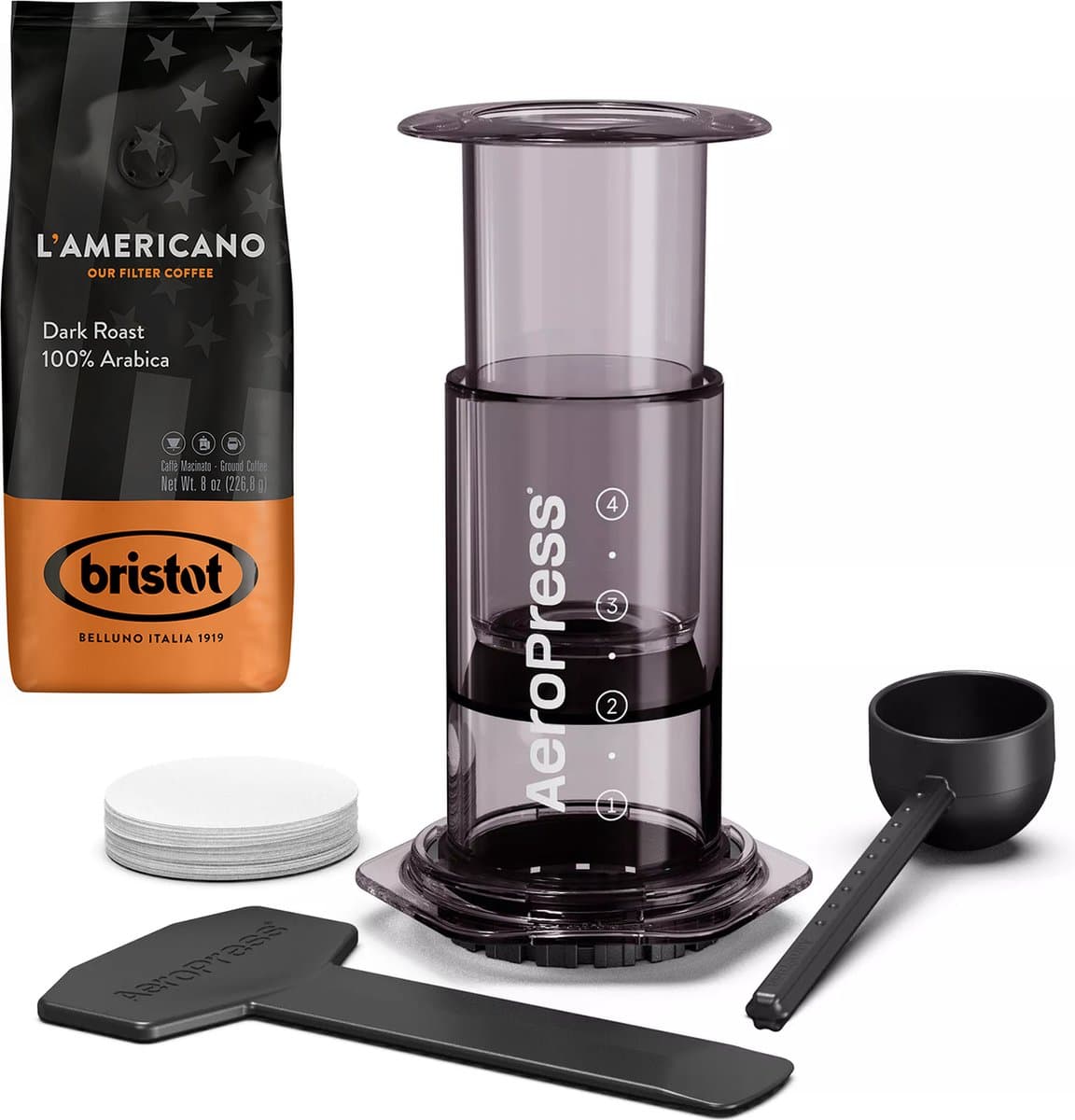 AeroPress Clear Smoked Coffee Maker + Bristot l'Americano koffie — afbeelding 1