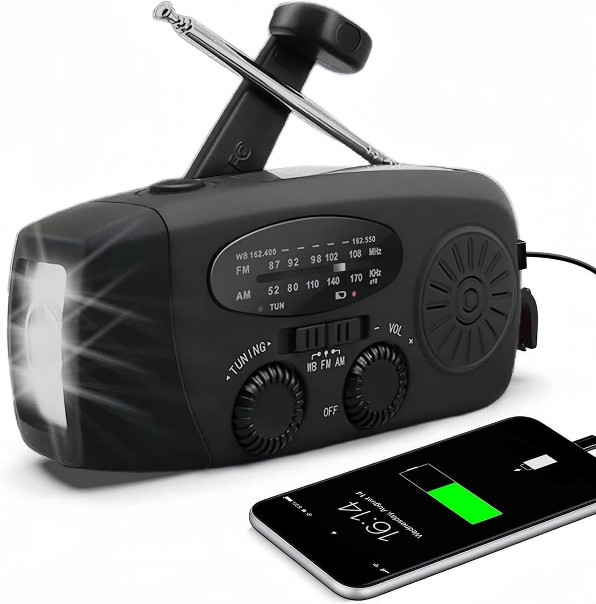 Noodradio - Opwindbaar - 2000 mAh - Radio Met Accu Batterij - Noodpakket - Opwindbaar - Solar - Zaklamp - Powerbank - Op Batterijen - Zwart - Draagbare - Voor Rampen/Camping — afbeelding 1