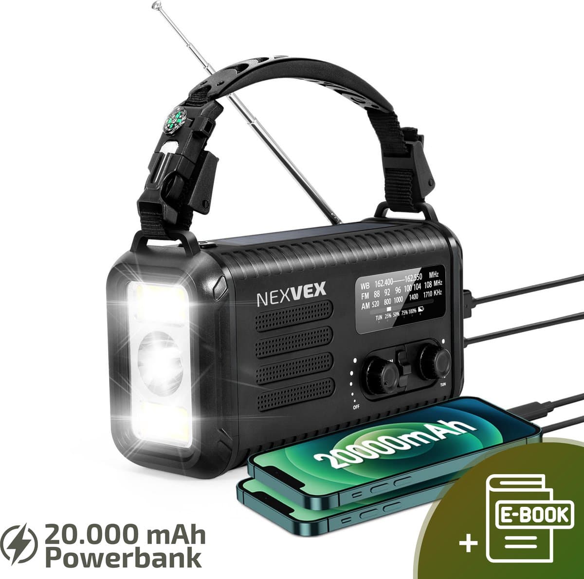 Nexvex® Pulse 2X Noodradio Powerbank 20000mAh - Solar Powerbank Zonneenergie - Noodpakket - Survival Kit Kamperen - Militaire Zaklamp LED Oplaadbaar - Draagbare Radio Wandelen - Leeslamp - Nood Kompas - Opwindbaar - Zonnepaneel - Noodrantsoen - Zwart — afbeelding 1