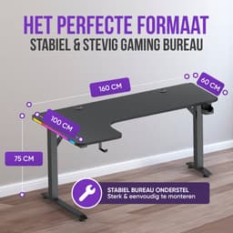Avalo Gaming Bureau - 160x100x75 CM - L Vormig Hoekbureau - Game Desk Met LED Verlichting - Tafel - Zwart — thumbnail 2