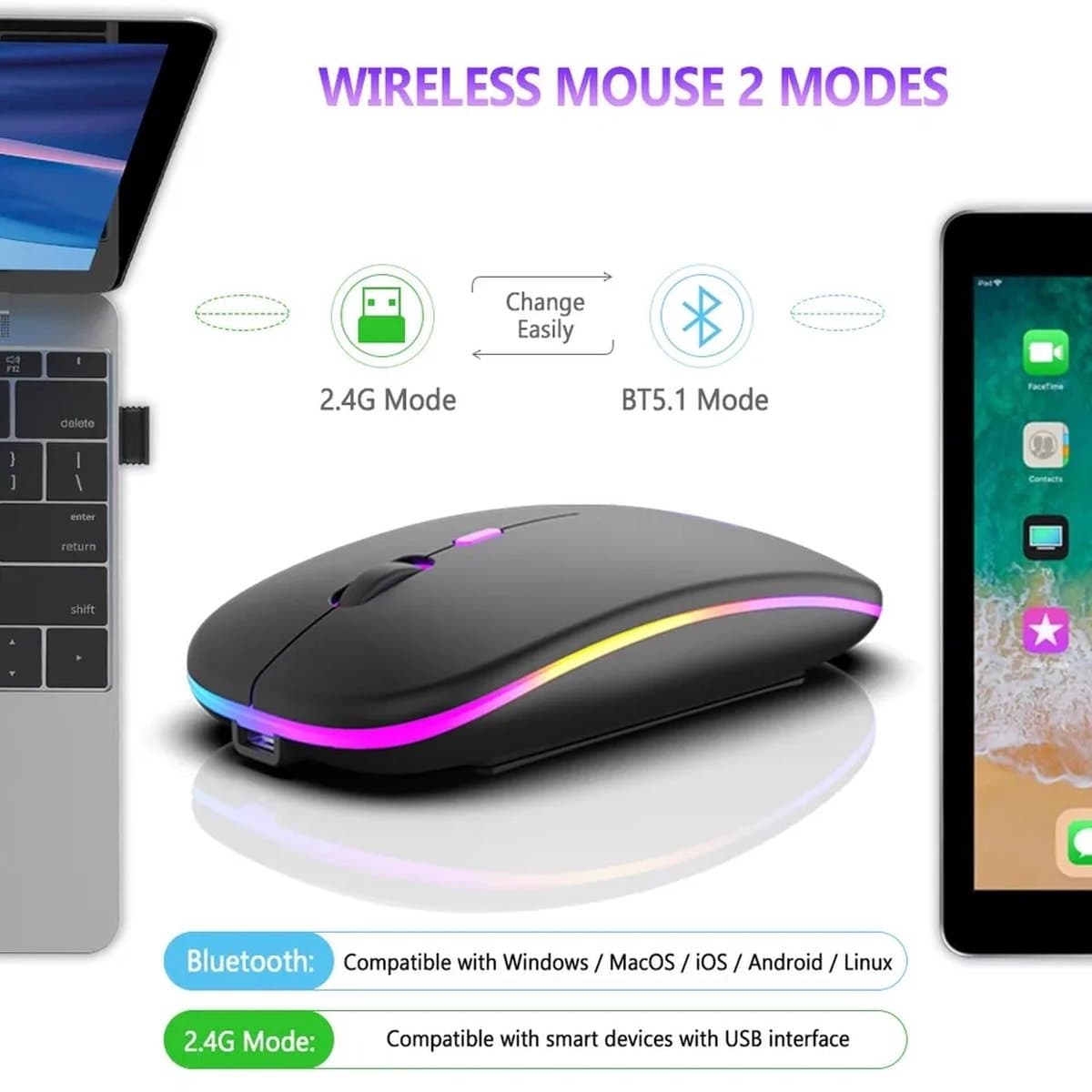 Matte Zwart Draadloze oplaadbare RGB muis- geluidloze klik - Voor Pc Ipad Laptop Mobiele Telefoon_ergonomisch - bluetooth - soft-touch muis - Matte Zwart - RGB LED light — afbeelding 1