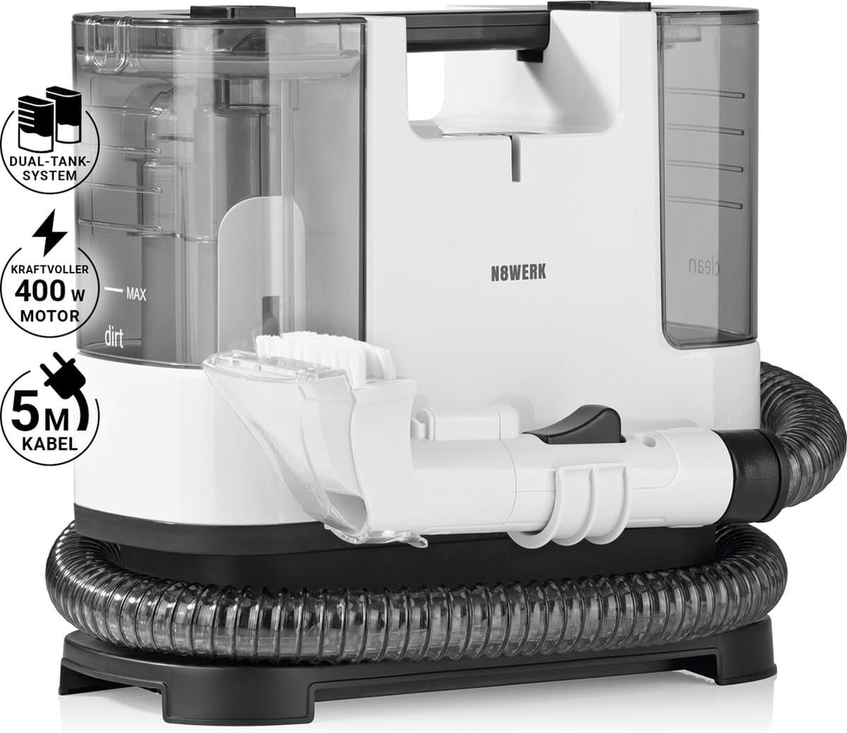 N8WERK Stofzuiger Portable Clean - Bekleding- en tapijtreiniger, licht en compact - Vlekverwijderaar, krachtige 400 watt motor, schoon- en vuilwatertank - Incl. schoonmaakmiddel — afbeelding 1