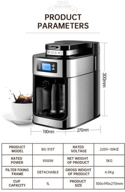 LUMÈ STORE Koffiemachine met Bonenmaler – Koffiezetapparaat – Filter Koffie – Automatisch – Timer – LCD Display – 92°C – Zwart — thumbnail 2
