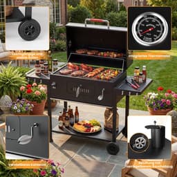 HomeGoodies BBQ - Houtskool barbecue – BBQ kar verrijdbaar - Groot grilloppervlak - 69x42.5 cm - thermometer - zijtafels – Zwart — thumbnail 3