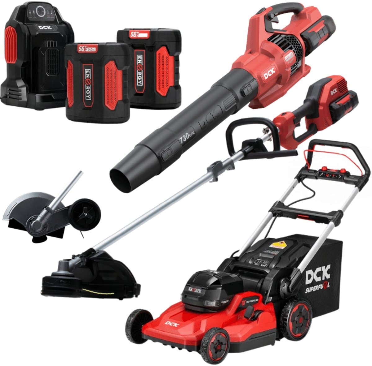 DCK Tools 58V Tuinonderhoud Totaal Actiebundel – Combimotor + Grasmaaier + Bladblazer + Kantensnijder + extra 5.0Ah Accu — afbeelding 1