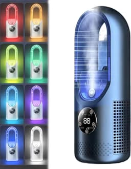 6-standen bladeloze elektrische ventilator met koelfunctie & 7-kleuren LED-verlichting – Draagbare tafelventilator met stille, krachtige luchtstroom (Blauw) — thumbnail 1
