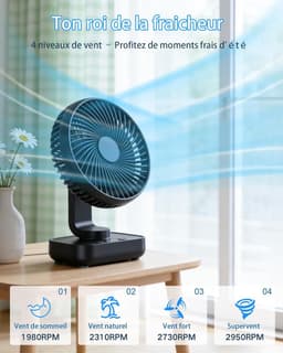 VHV-Tafelventilator USB - Ventilator met Oscillatie - 4500mAh Oplaadbare Batterij - Fluisterstille Bureauventilator - 4 Snelheden en Digitaal Display - Draagbare Handventilator voor Kantoor, Slaapkamer en Buiten - Zwart — thumbnail 3