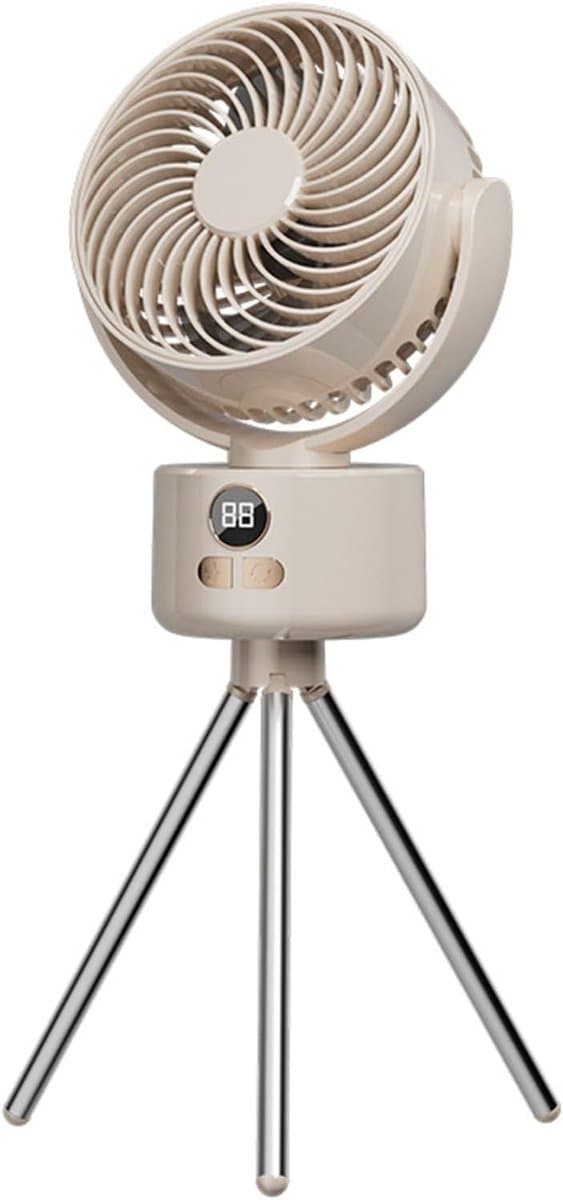 Oplaadbare Campingventilator – Tafelventilator – Met afneembare standaard – Digitaal display – 3 snelheidsstanden – USB-opladen & statiefbevestiging – Voor binnen en buiten – Lichtgewicht & draagbaar – Crèmewit — afbeelding 1