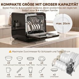 Tafelvaatwasser - Mini vaatwasser - Snel servies reinigen - 5 programma's - 4 couverts - Zwart — thumbnail 4