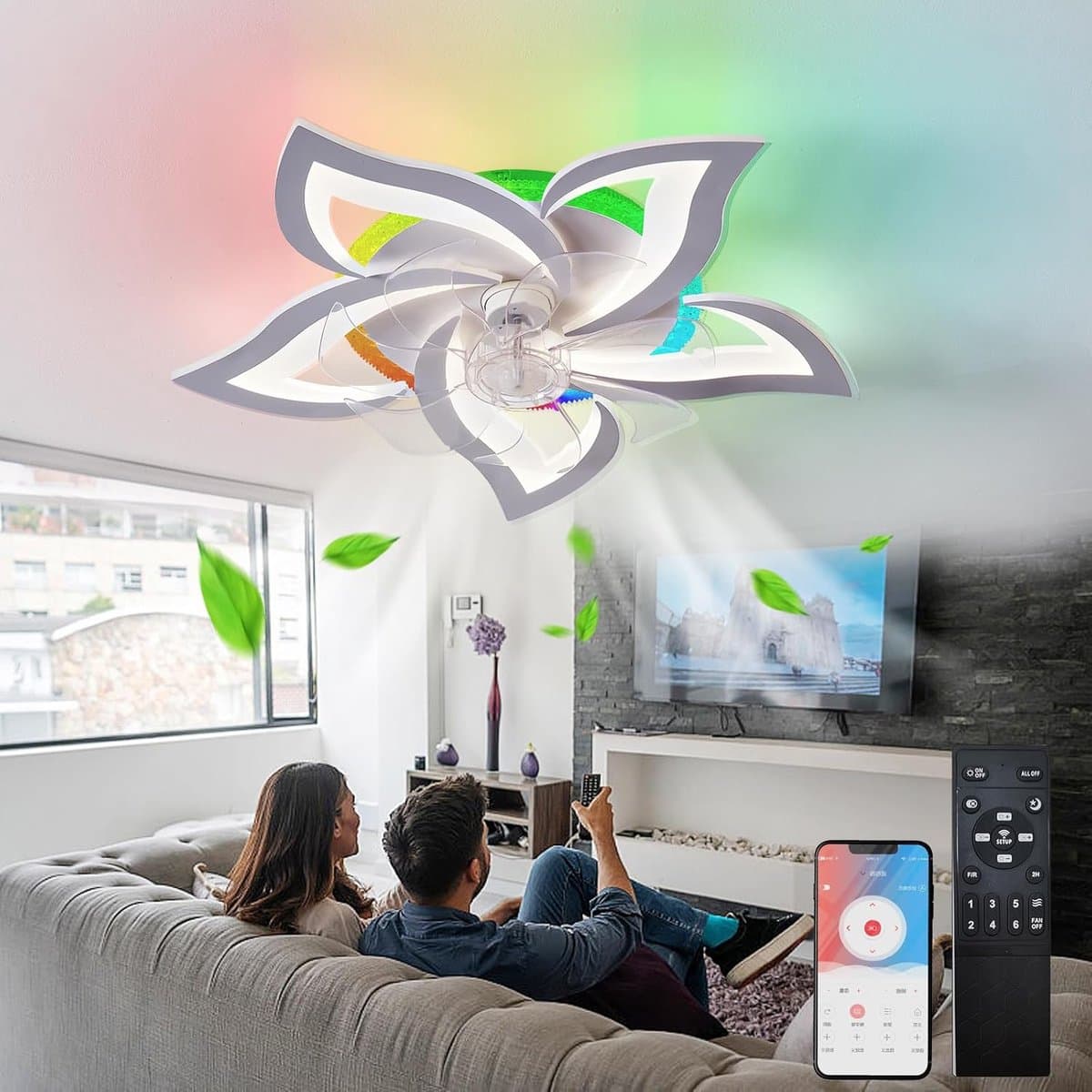 5 Lotus Ventilator - Bedienbaar Met Afstandsbediening & APP - RGB - Plafondventilator - Plafonniere - 6 Standen - Moderne Lamp - ⌀ 69cm — afbeelding 1