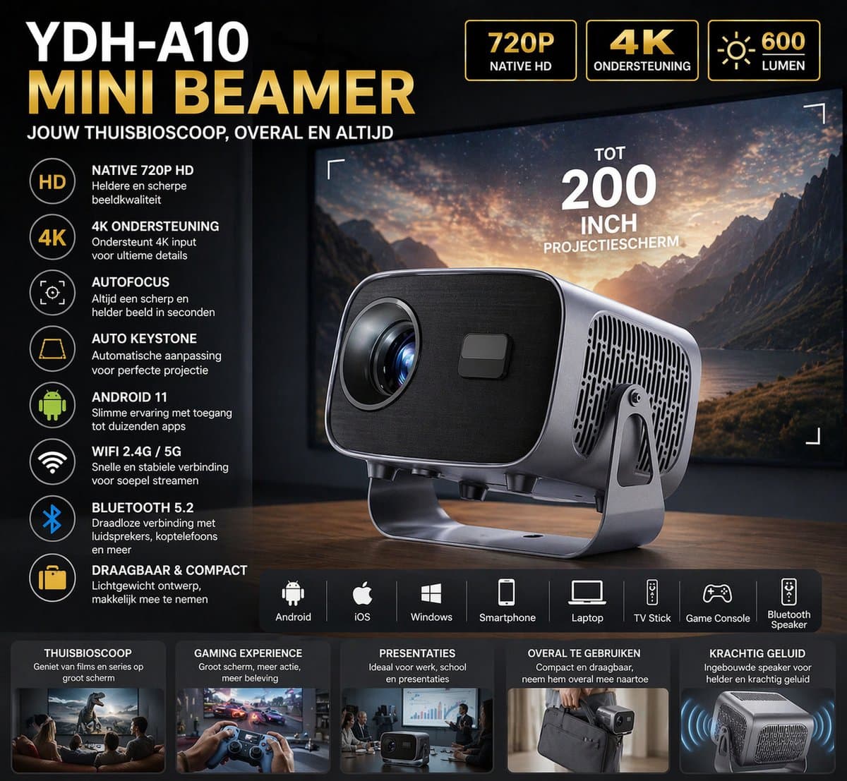YDH-A10 Mini Beamer – 4K Ondersteuning – 720P HD – 600 Lumen – Android 11 – Autofocus & Keystone – WiFi 2.4/5G – Bluetooth 5.2 – Draagbare Home Cinema Projector (200 inch) — afbeelding 1