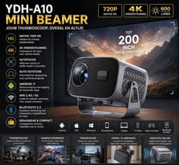 YDH-A10 Mini Beamer – 4K Ondersteuning – 720P HD – 600 Lumen – Android 11 – Autofocus & Keystone – WiFi 2.4/5G – Bluetooth 5.2 – Draagbare Home Cinema Projector (200 inch) — thumbnail 1